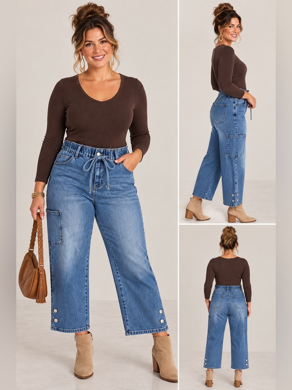 Patch pocket button hem Women cropped Jeans